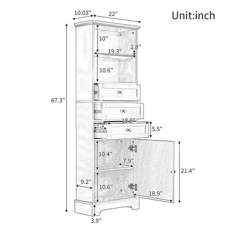 Tall Storage Cabinet with 3 Drawers and Adjustable Shelves for Bathroom