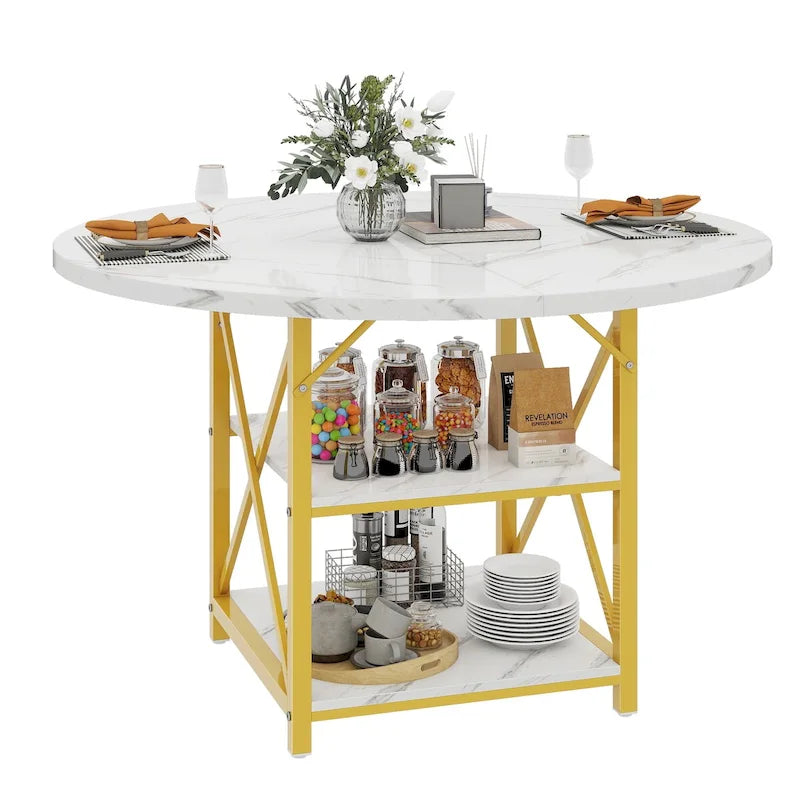 Round Dining Table with 2 Storage Shelves and Metal Legs, Seats 4-6