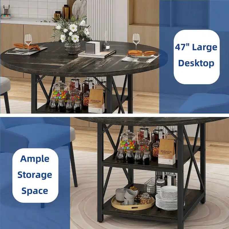 Round Dining Table with 2 Storage Shelves and Metal Legs, Seats 4-6