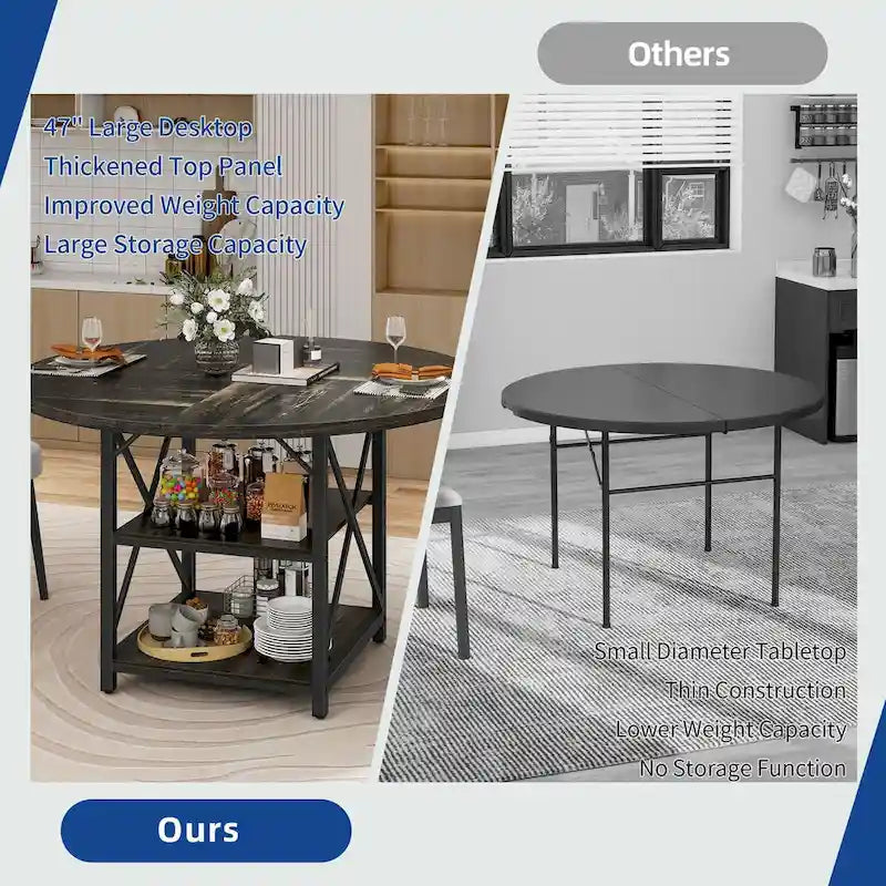 Round Dining Table with 2 Storage Shelves and Metal Legs, Seats 4-6