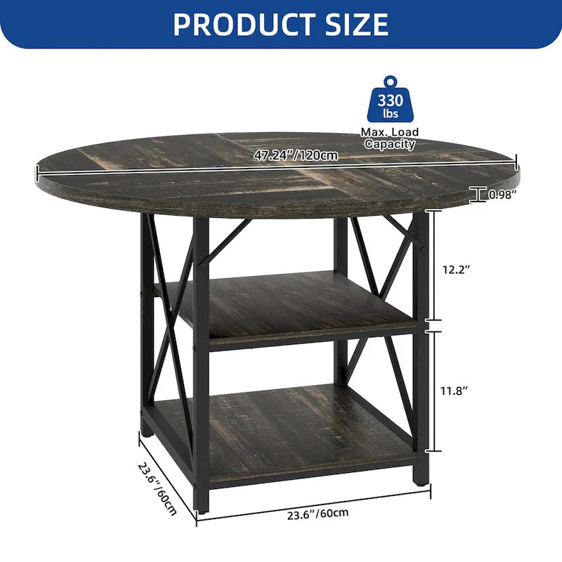 Round Dining Table with 2 Storage Shelves and Metal Legs, Seats 4-6