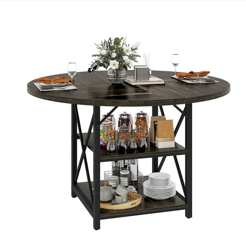 Round Dining Table with 2 Storage Shelves and Metal Legs, Seats 4-6