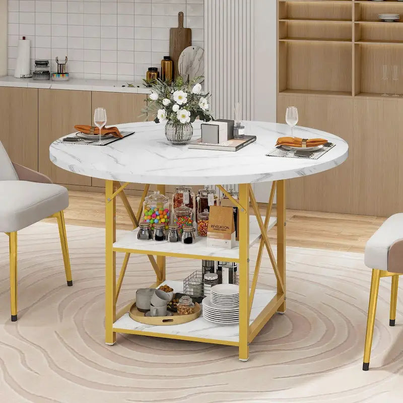 Round Dining Table with 2 Storage Shelves and Metal Legs, Seats 4-6