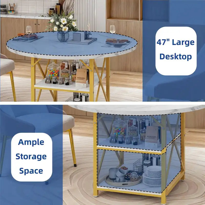Round Dining Table with 2 Storage Shelves and Metal Legs, Seats 4-6