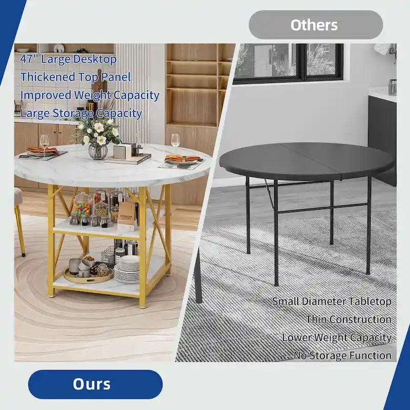 Round Dining Table with 2 Storage Shelves and Metal Legs, Seats 4-6