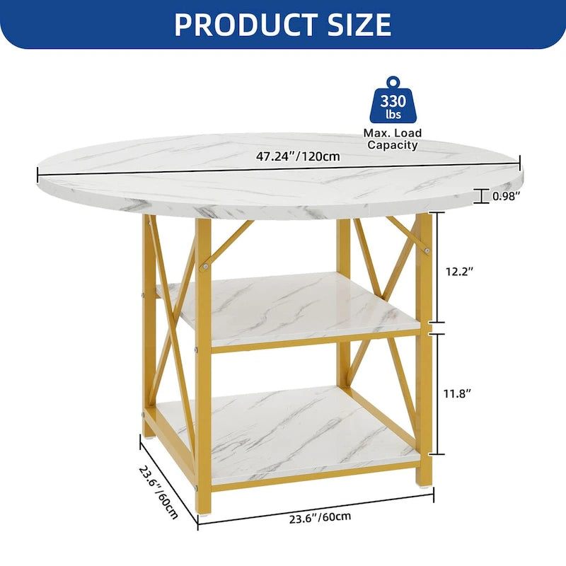 Round Dining Table with 2 Storage Shelves and Metal Legs, Seats 4-6
