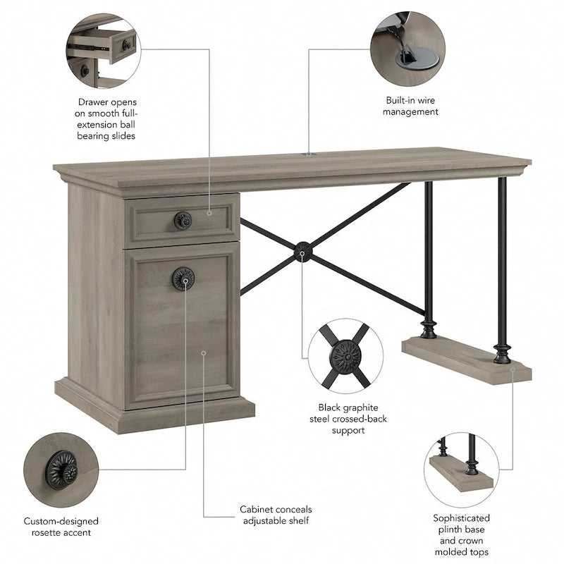 60 Inch Office Desk with Storage, Drawer, and Wire Management