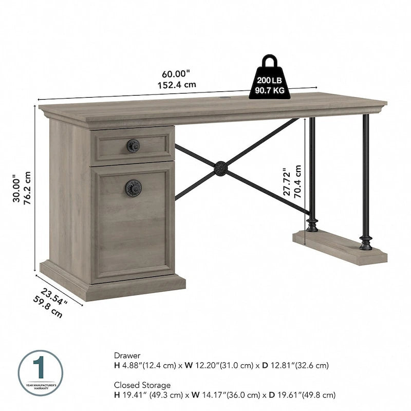 60 Inch Office Desk with Storage, Drawer, and Wire Management